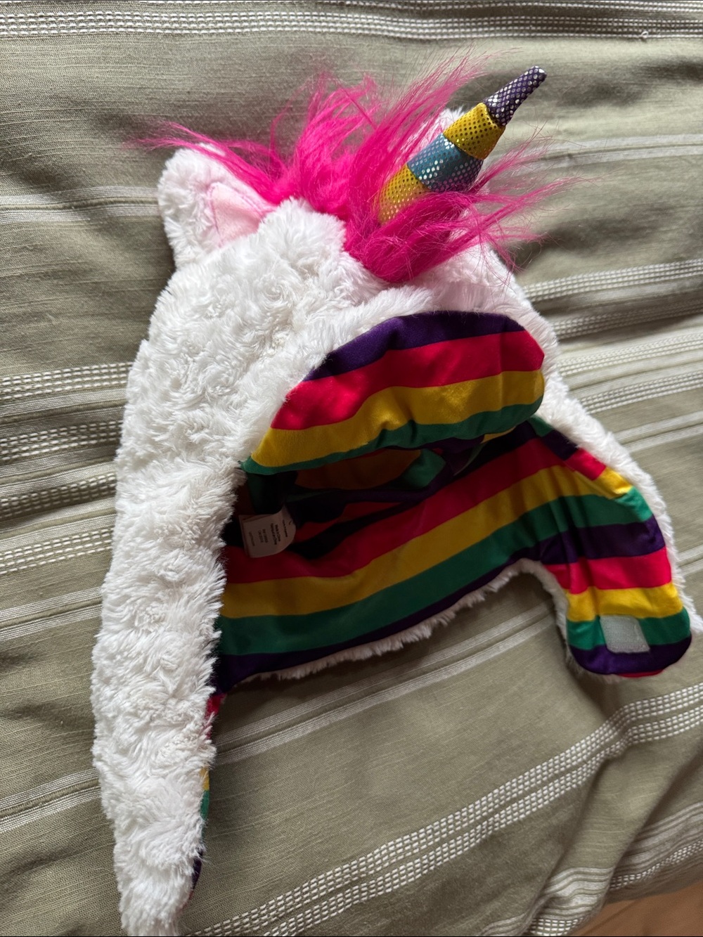 Lazy One White Unicorn Hat with Pink Mane and Rainbow Stripe Lining Kids L